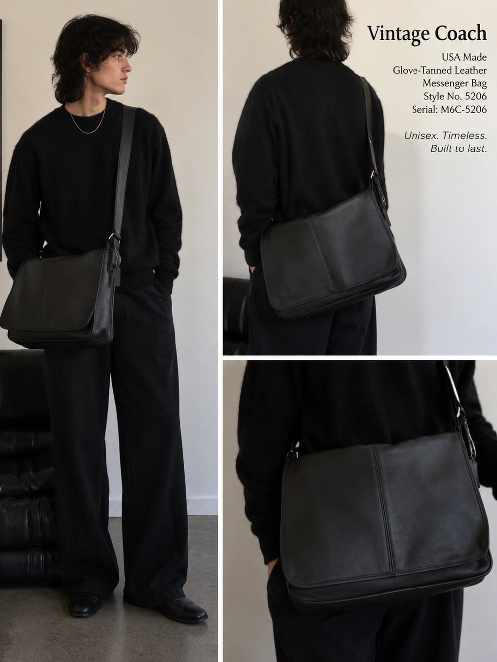 Vintage Coach USA Black Leather Messenger Bag Courier Briefcase 5206 Minimalist